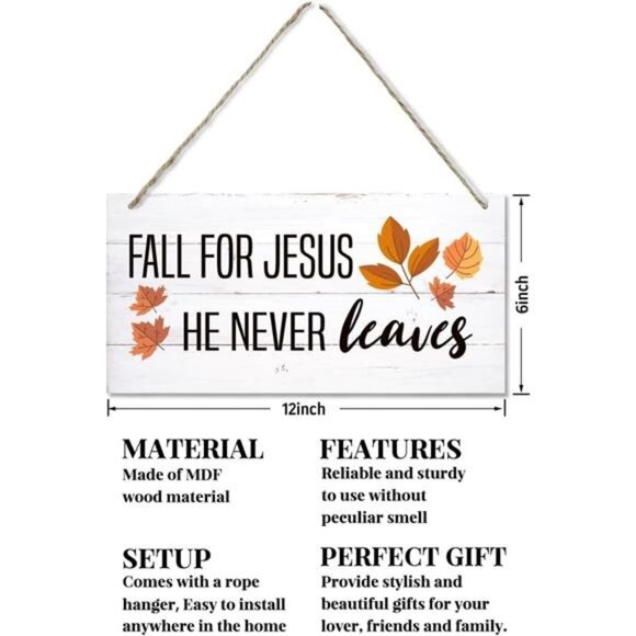 Fall Hanging Wood Sign - 'Fall for Jesus, He Never Leaves' Thanksgiving Decor - Picture 2 of 6